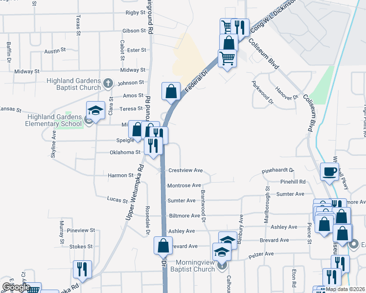 map of restaurants, bars, coffee shops, grocery stores, and more near 2737 Sweetbriar Road in Montgomery