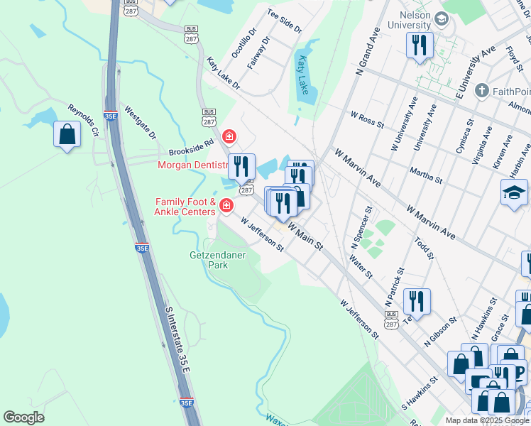 map of restaurants, bars, coffee shops, grocery stores, and more near 1408 West Jefferson Street in Waxahachie