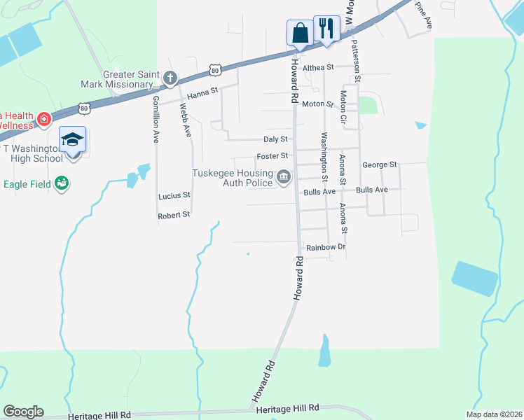 map of restaurants, bars, coffee shops, grocery stores, and more near 2900-3412 Roberts Street in Tuskegee