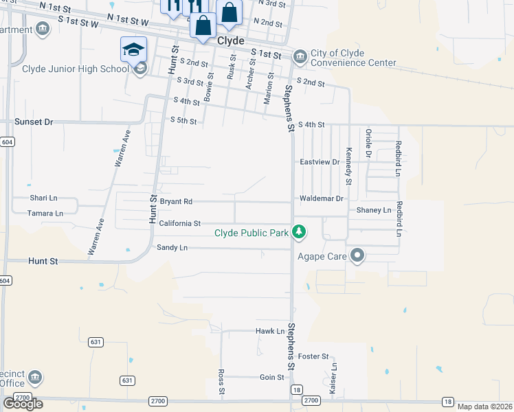 map of restaurants, bars, coffee shops, grocery stores, and more near 521 Bryant Road in Clyde