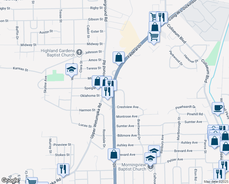 map of restaurants, bars, coffee shops, grocery stores, and more near 2700 Sweetbriar Road in Montgomery