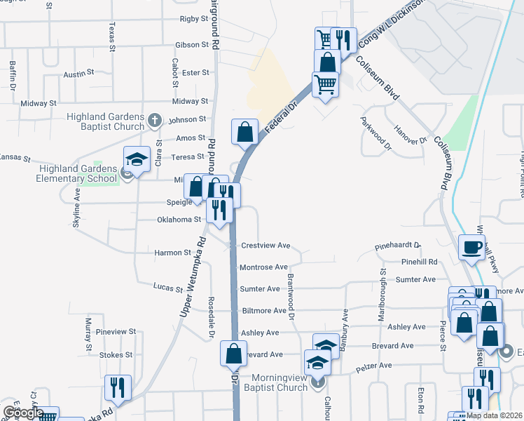 map of restaurants, bars, coffee shops, grocery stores, and more near 2737 Sweetbriar Road in Montgomery