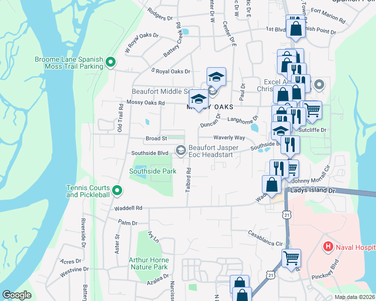 map of restaurants, bars, coffee shops, grocery stores, and more near 2607 Southside Boulevard in Beaufort