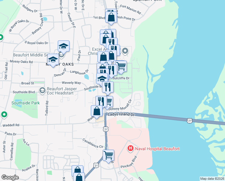 map of restaurants, bars, coffee shops, grocery stores, and more near 1409 Ribaut Road in Port Royal
