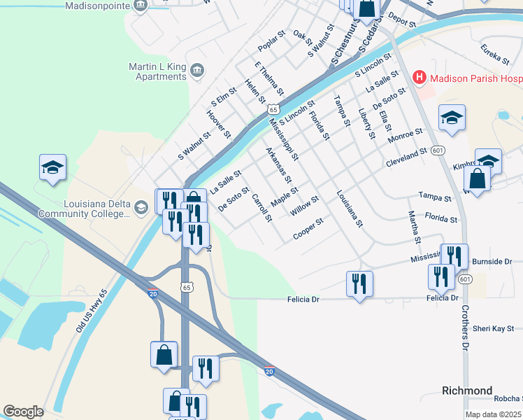map of restaurants, bars, coffee shops, grocery stores, and more near 1108 Carroll Street in Tallulah
