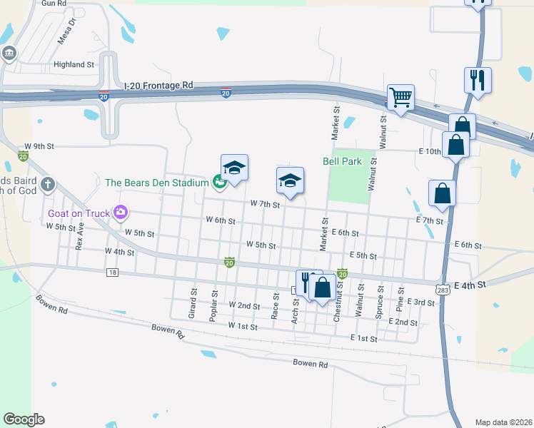 map of restaurants, bars, coffee shops, grocery stores, and more near 617 Vine Street in Baird