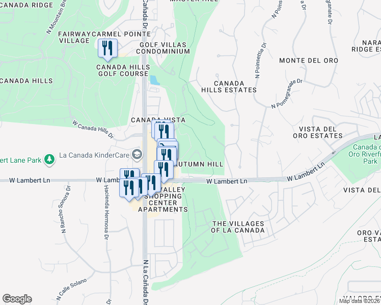 map of restaurants, bars, coffee shops, grocery stores, and more near 10515 North Autumn Hill Lane in Tucson