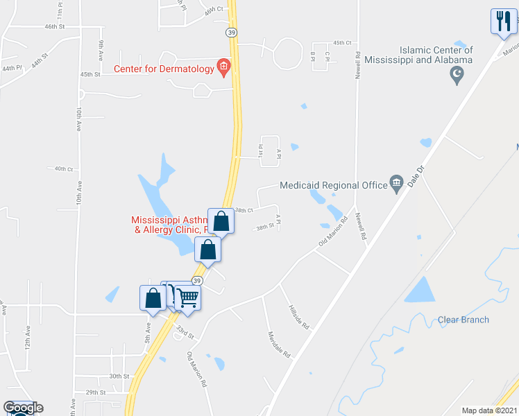 map of restaurants, bars, coffee shops, grocery stores, and more near 100 38th Court in Meridian