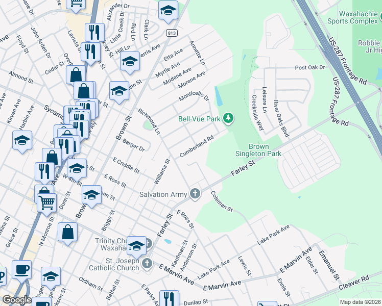 map of restaurants, bars, coffee shops, grocery stores, and more near 112 Cumberland Road in Waxahachie