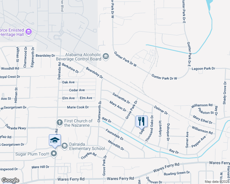map of restaurants, bars, coffee shops, grocery stores, and more near 4001 Samantha Drive in Montgomery