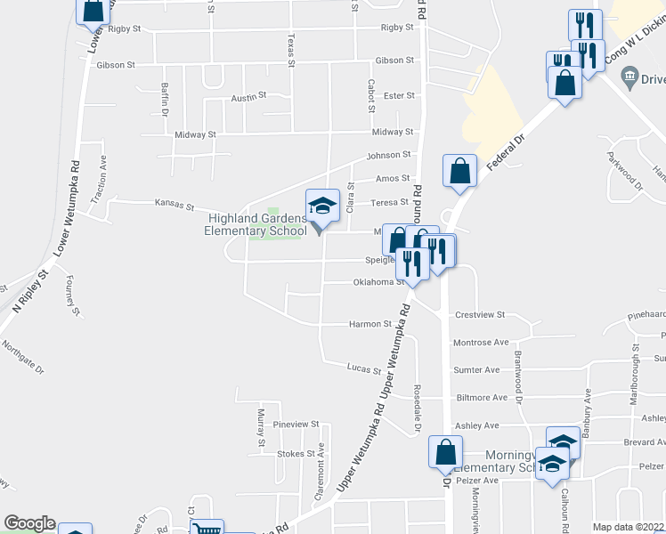 map of restaurants, bars, coffee shops, grocery stores, and more near 2604 Willena Avenue in Montgomery