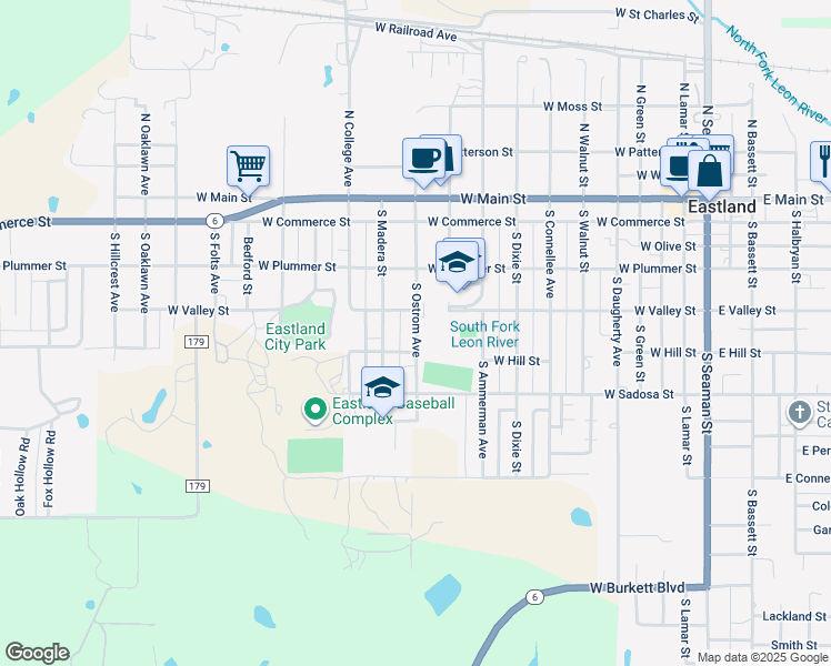 map of restaurants, bars, coffee shops, grocery stores, and more near 1101 West Hill Street in Eastland