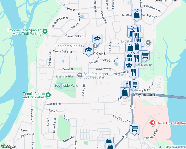 map of restaurants, bars, coffee shops, grocery stores, and more near 2405 Southside Boulevard in Beaufort