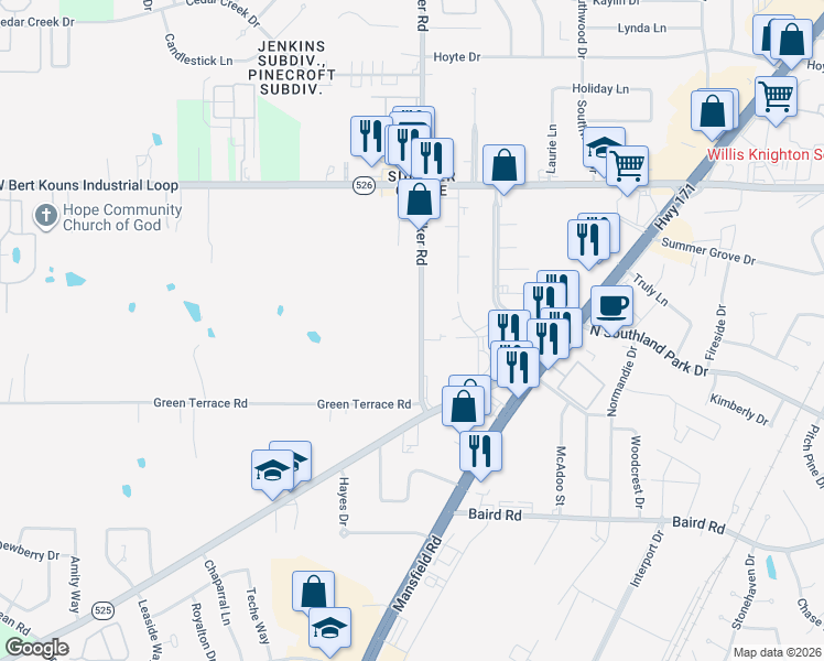 map of restaurants, bars, coffee shops, grocery stores, and more near 9315 Walker Road in Shreveport