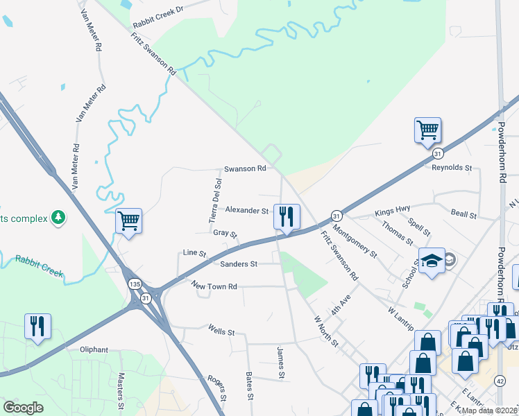 map of restaurants, bars, coffee shops, grocery stores, and more near 405 Alexander Street in Kilgore