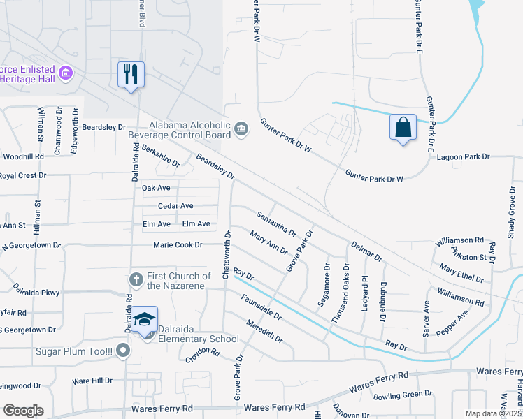 map of restaurants, bars, coffee shops, grocery stores, and more near 4001 Samantha Drive in Montgomery