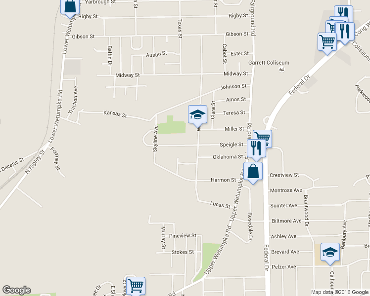 map of restaurants, bars, coffee shops, grocery stores, and more near 1962 Speigle Street in Montgomery