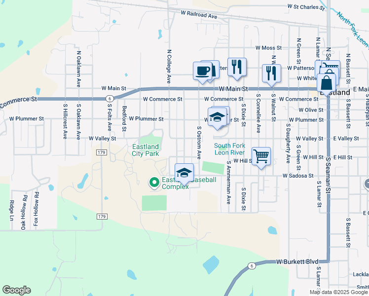 map of restaurants, bars, coffee shops, grocery stores, and more near 512 South Madera Street in Eastland
