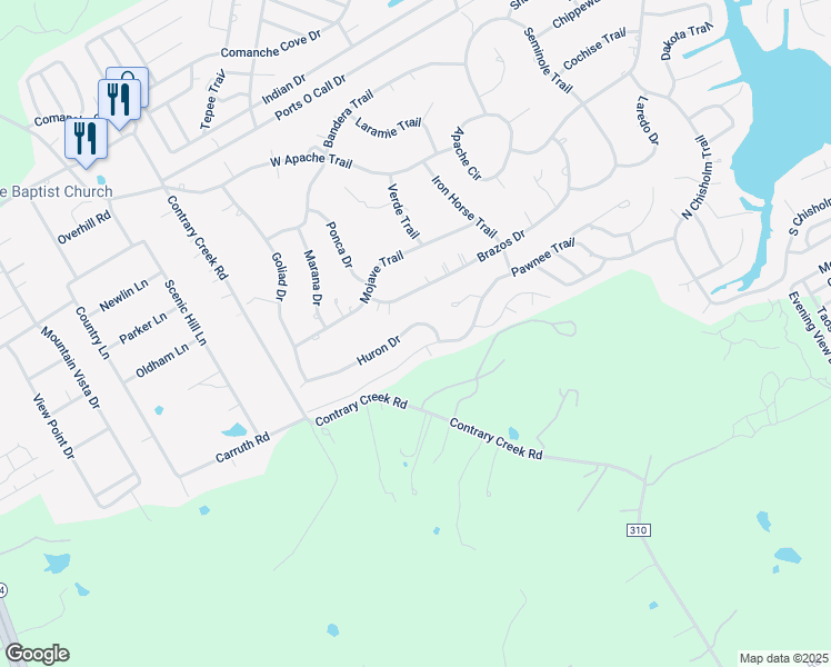 map of restaurants, bars, coffee shops, grocery stores, and more near 913 Huron Drive in Granbury