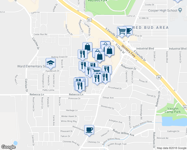 map of restaurants, bars, coffee shops, grocery stores, and more near 4401 Ridgemont Drive in Abilene
