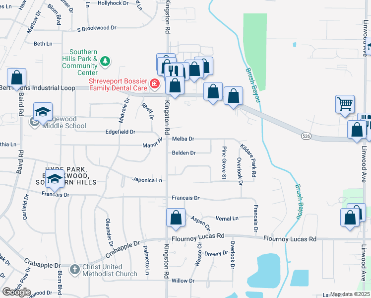 map of restaurants, bars, coffee shops, grocery stores, and more near 871 Belden Drive in Shreveport