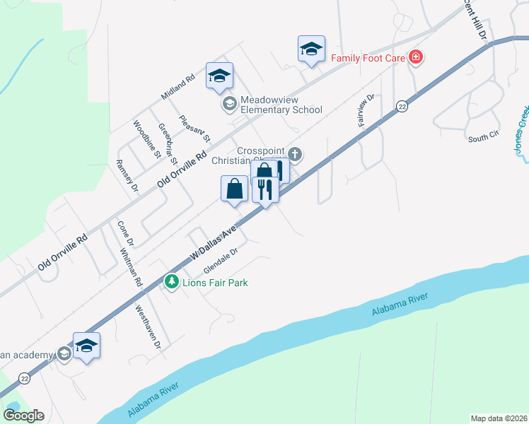 map of restaurants, bars, coffee shops, grocery stores, and more near 1905 West Dallas Avenue in Selma
