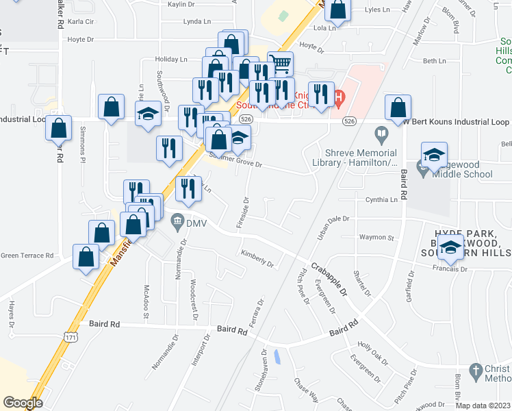 map of restaurants, bars, coffee shops, grocery stores, and more near 1129 Cloverdale Drive in Shreveport