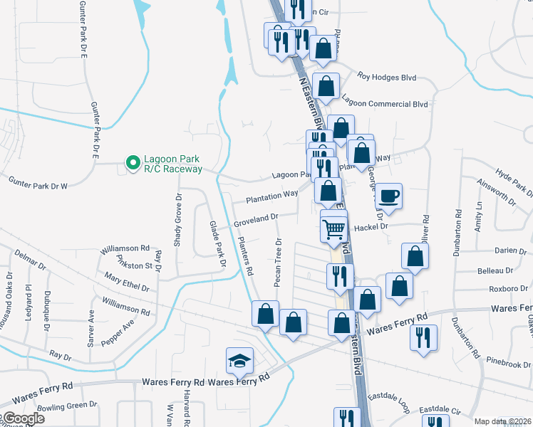 map of restaurants, bars, coffee shops, grocery stores, and more near 633 Groveland Drive in Montgomery