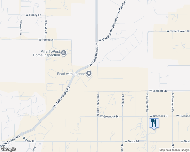 map of restaurants, bars, coffee shops, grocery stores, and more near 10400 North Blue Bonnet Road in Tucson