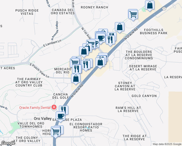 map of restaurants, bars, coffee shops, grocery stores, and more near 10555 North Oracle Road in Oro Valley