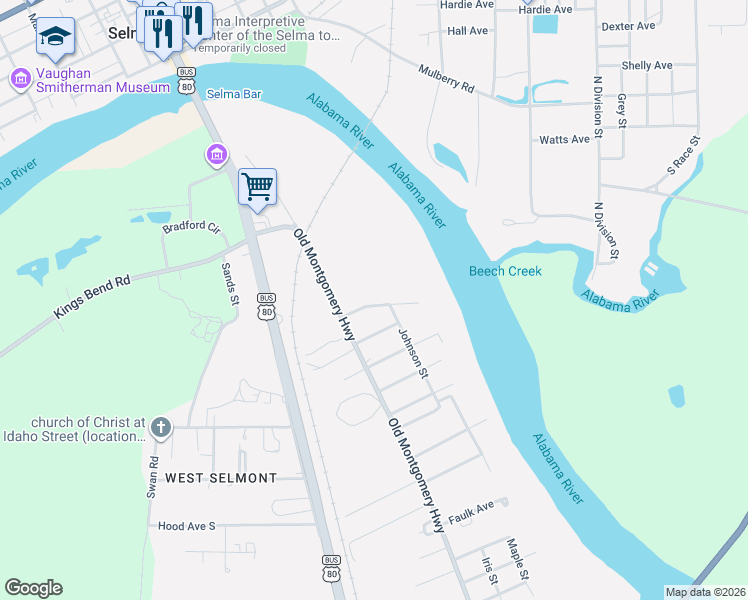 map of restaurants, bars, coffee shops, grocery stores, and more near 206 Camellia Avenue in Selma