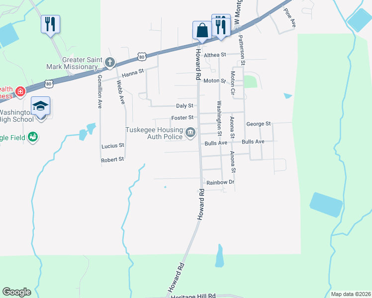 map of restaurants, bars, coffee shops, grocery stores, and more near 2900 Robert Street in Tuskegee