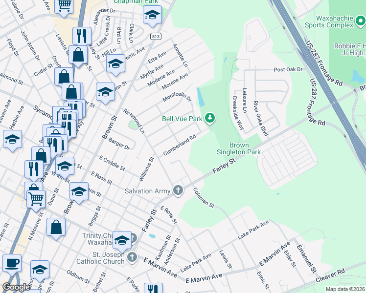 map of restaurants, bars, coffee shops, grocery stores, and more near 112 Cumberland Road in Waxahachie