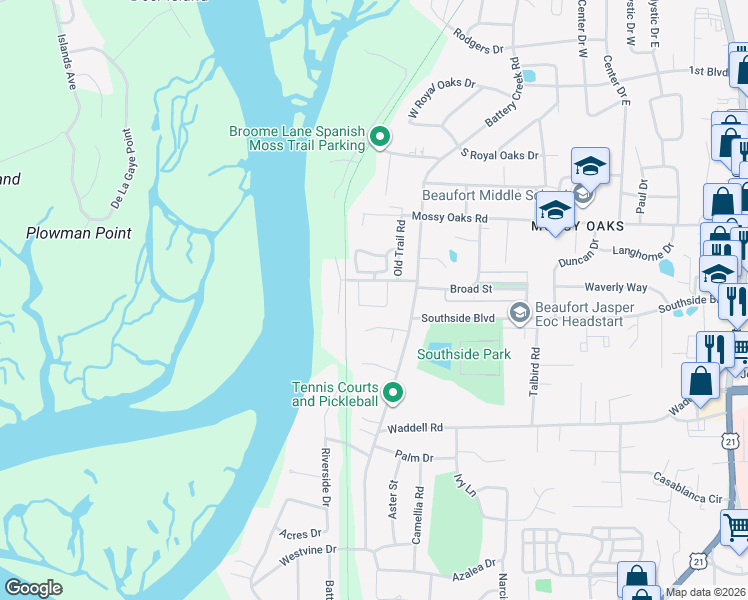 map of restaurants, bars, coffee shops, grocery stores, and more near 11 State Road S-7-601 in Beaufort