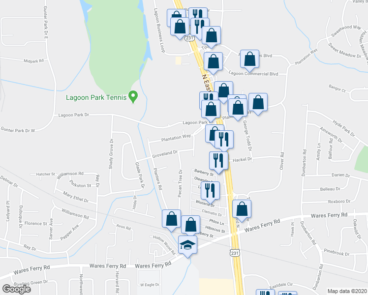 map of restaurants, bars, coffee shops, grocery stores, and more near 653 Groveland Drive in Montgomery