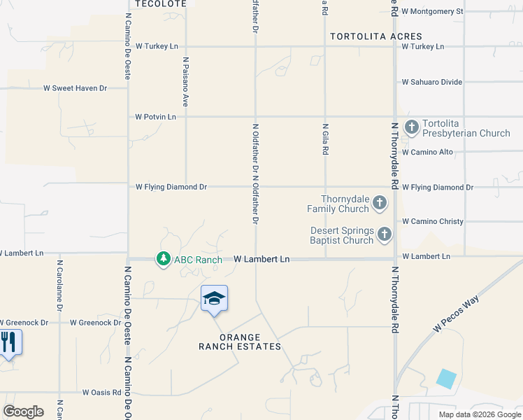 map of restaurants, bars, coffee shops, grocery stores, and more near 10500 North Oldfather Drive in Tucson