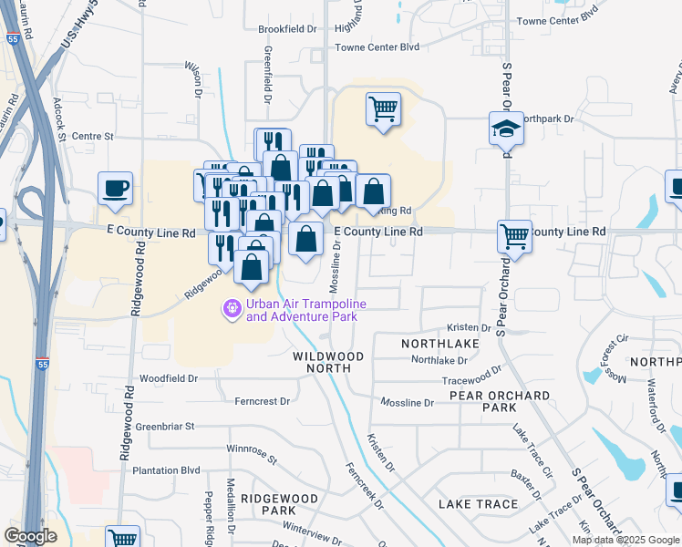 map of restaurants, bars, coffee shops, grocery stores, and more near 6259 Mossline Dr in Jackson