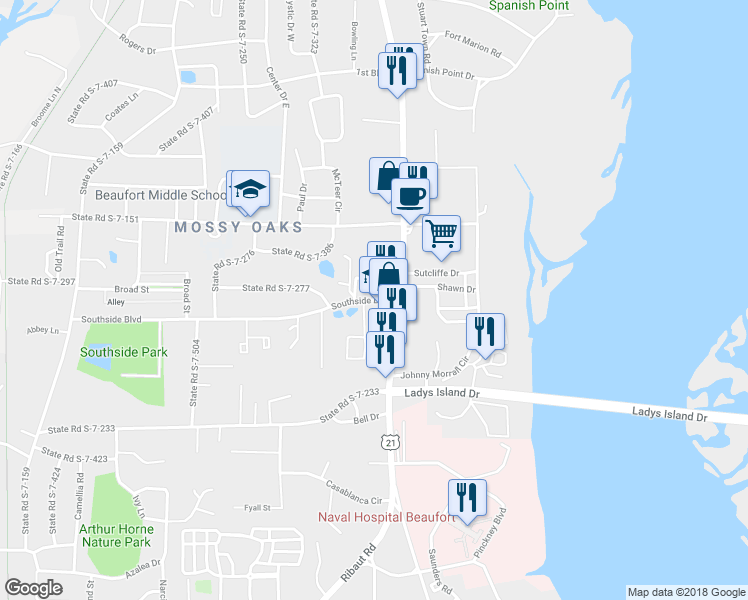 map of restaurants, bars, coffee shops, grocery stores, and more near Southside Boulevard in Port Royal