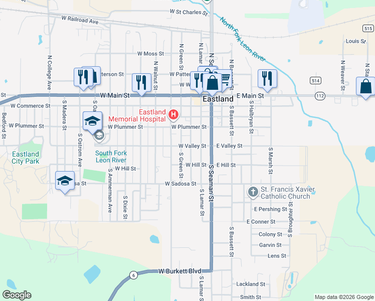 map of restaurants, bars, coffee shops, grocery stores, and more near 411 South Mulberry Street in Eastland