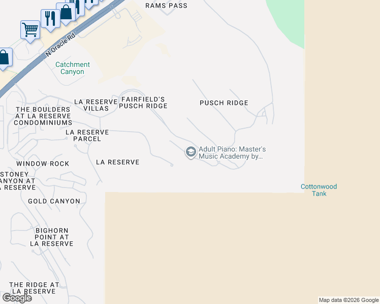 map of restaurants, bars, coffee shops, grocery stores, and more near 2555 East Ponticello Boulevard in Oro Valley