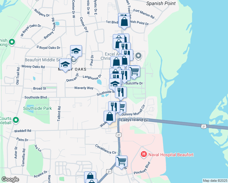map of restaurants, bars, coffee shops, grocery stores, and more near 2209 Southside Boulevard in Port Royal