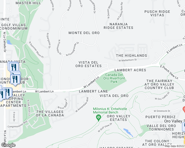 map of restaurants, bars, coffee shops, grocery stores, and more near 10535 North Camino Rosas Nuevas in Tucson