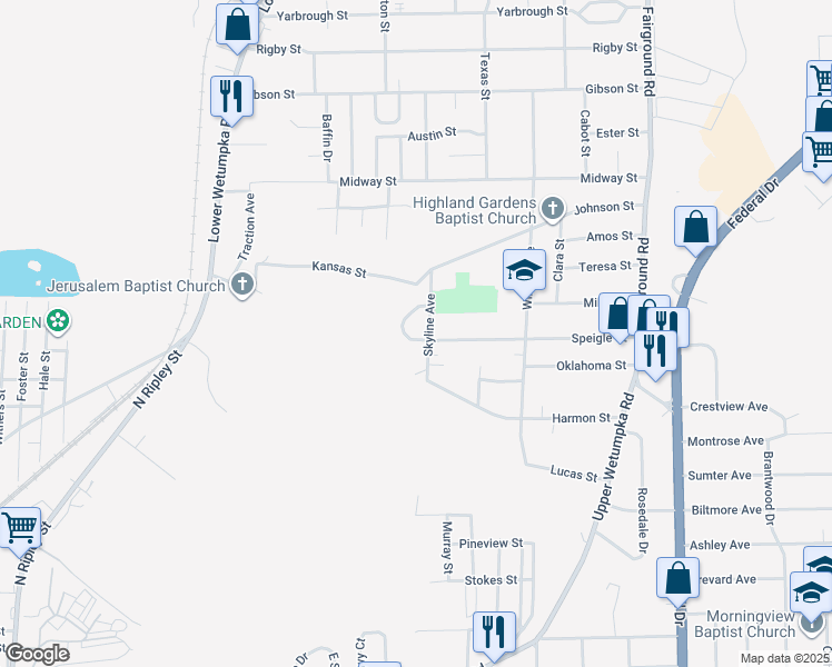map of restaurants, bars, coffee shops, grocery stores, and more near 1871 Speigle Street in Montgomery
