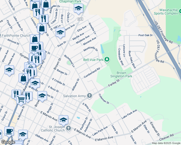 map of restaurants, bars, coffee shops, grocery stores, and more near 115 Cumberland Road in Waxahachie