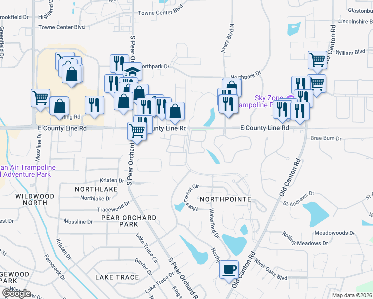 map of restaurants, bars, coffee shops, grocery stores, and more near 600 Northpointe Parkway in Jackson