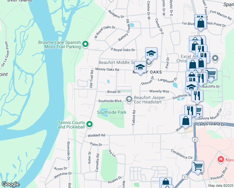 map of restaurants, bars, coffee shops, grocery stores, and more near 2681 Broad Street in Beaufort