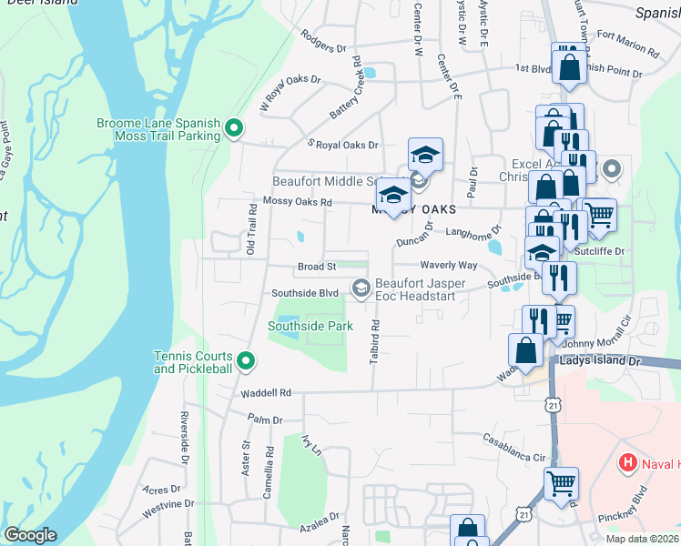map of restaurants, bars, coffee shops, grocery stores, and more near 2663 Broad Street in Beaufort