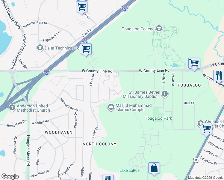 map of restaurants, bars, coffee shops, grocery stores, and more near 6144 Clarence Drive in Jackson