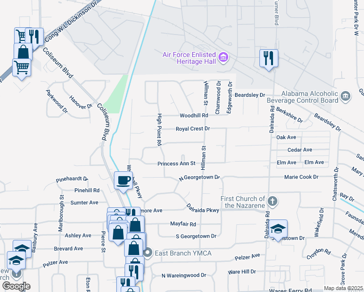 map of restaurants, bars, coffee shops, grocery stores, and more near 3536 Prince George Drive in Montgomery