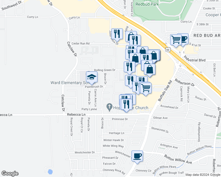 map of restaurants, bars, coffee shops, grocery stores, and more near 3533 Paintbrush Drive in Abilene